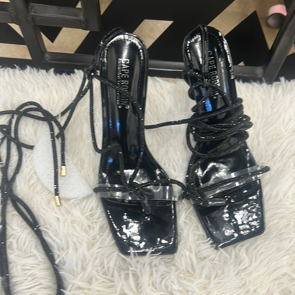 Woman’s black with clear strap around the toe 5in heels new with box